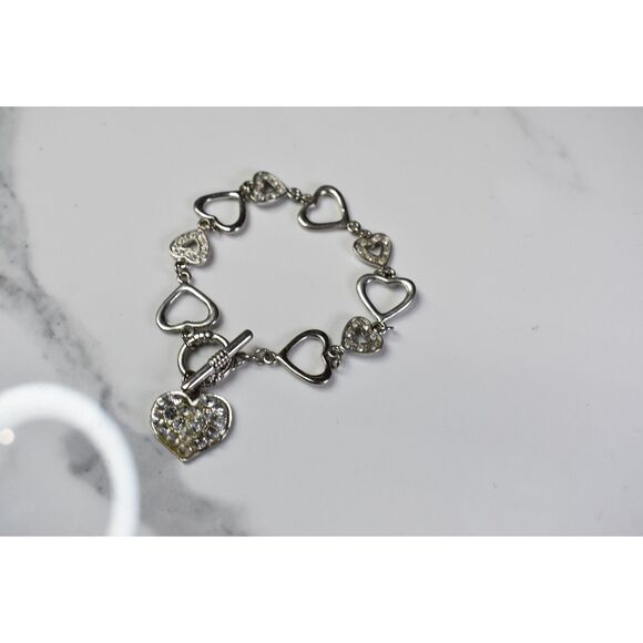 Silver Tone Heart Link Bracelet with Rhinestones - Size 7 - Picture 2 of 8
